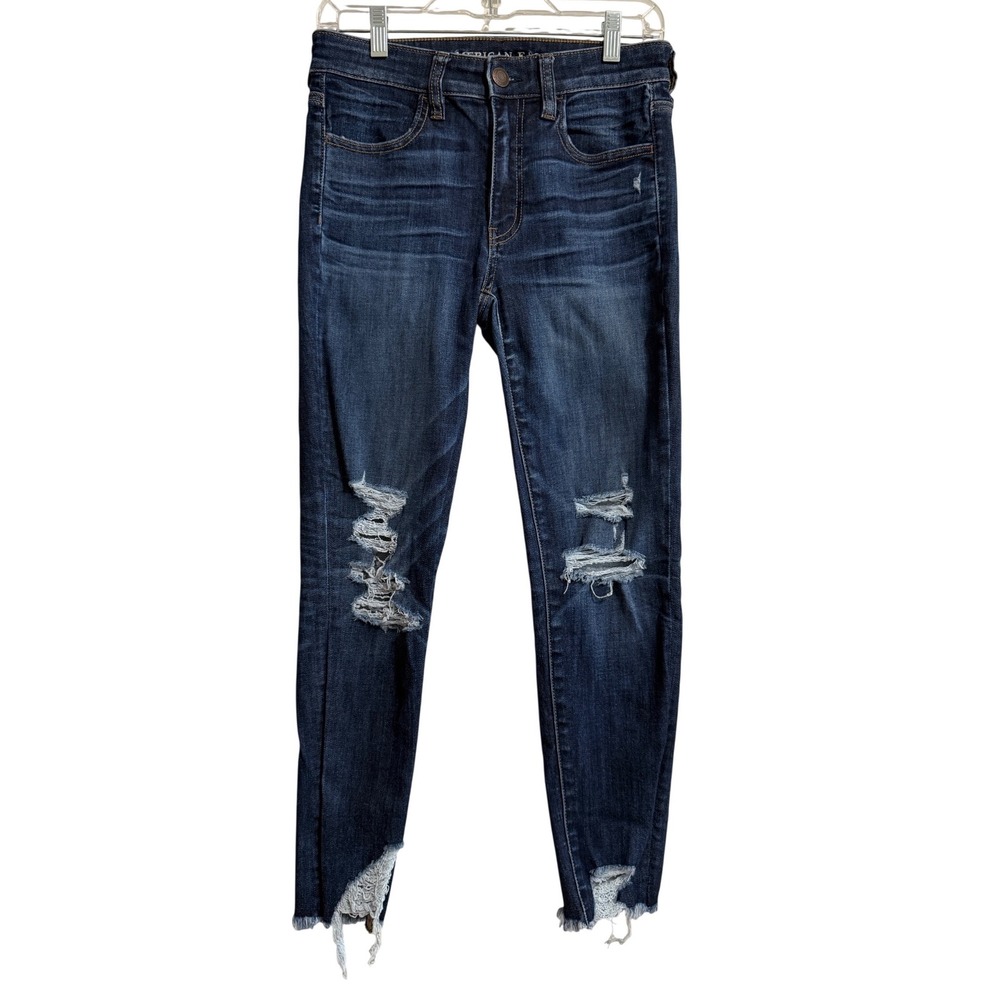 American Eagle Hi-Rise Ne(x)t level stretch Jegging Crop Dk Wash Distressed sz6‎